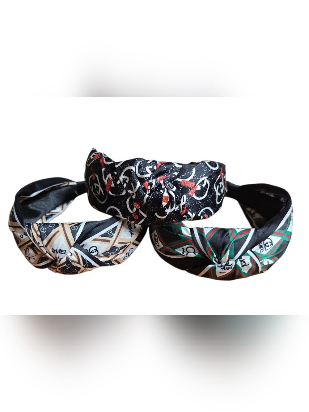 Silk Knot Headbands Trio - Black, Beige, Green Patterns